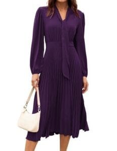 Purple Pleated V-Neck Bow Tie Party Dress